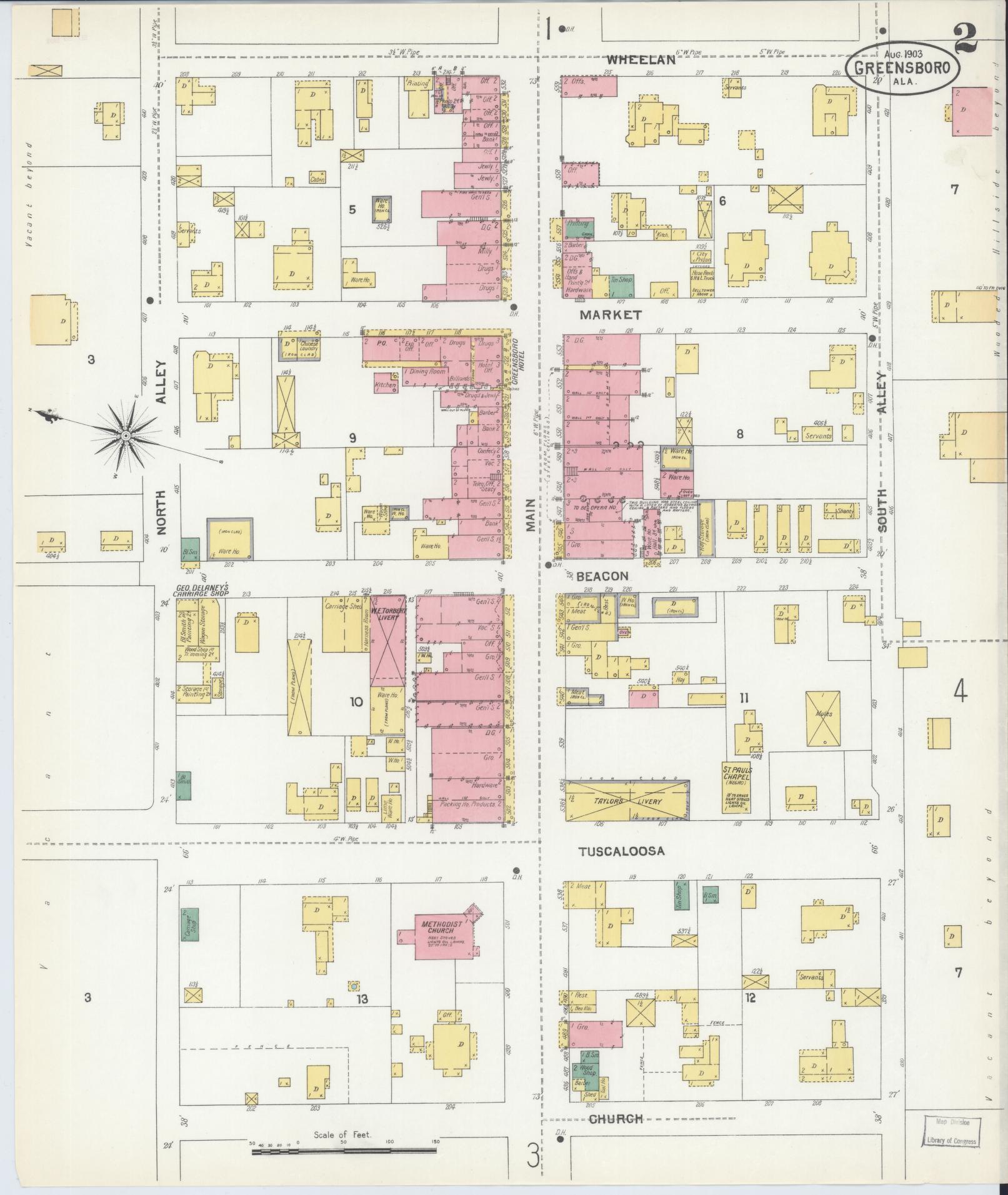 Sanborn Fire Insurance Map from Greensboro, Hale County, Alabama (1903), Sheet #0002 - Complete Map Set gallery image, historic Sanborn map, vintage wall art, Alabama Alabama