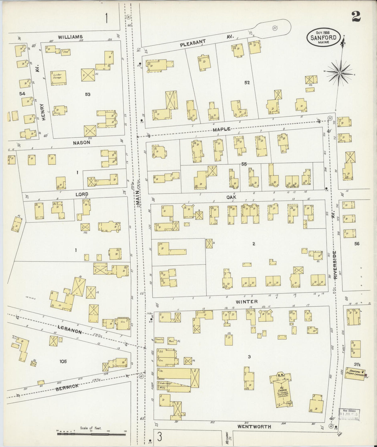 Sanborn Fire Insurance Map from Sanford, York County, Maine (1906), Sheet #0002 - Complete Map Set gallery image, historic Sanborn map, vintage wall art, Maine Maine
