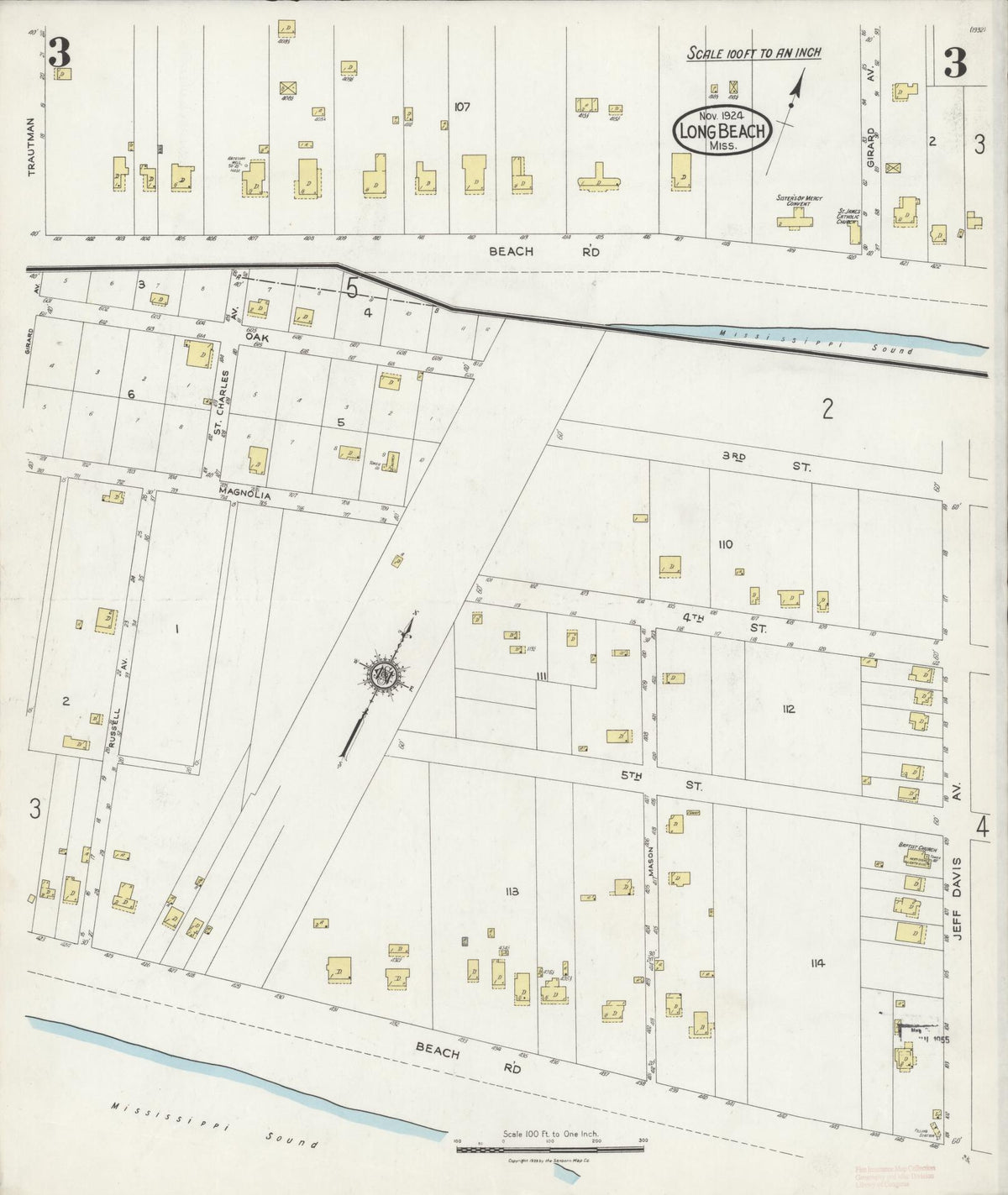 Sanborn Fire Insurance Map from Long Beach, Harrison County, Mississippi (1924), Sheet #0003 - Complete Map Set gallery image, historic Sanborn map, vintage wall art, Mississippi Mississippi