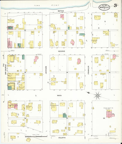 Sanborn Fire Insurance Map from Wapello, Louisa County, Iowa (1909), Sheet #0003 - Historic Sanborn Fire Insurance Map Print, vintage old map wall art