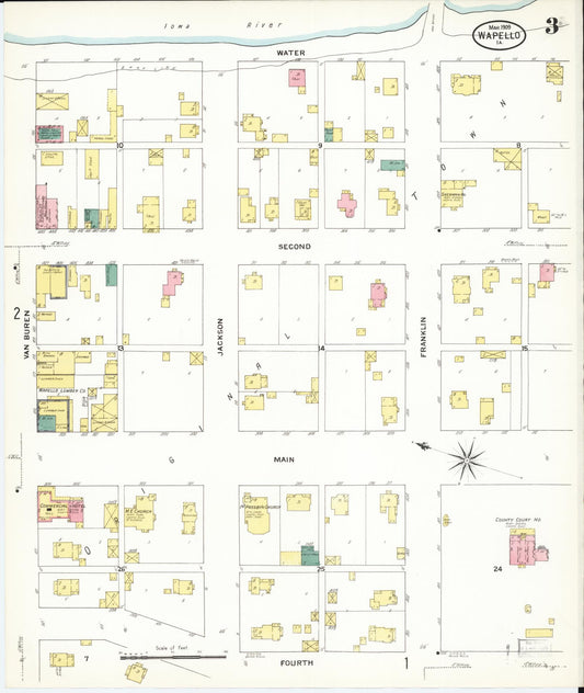 Sanborn Fire Insurance Map from Wapello, Louisa County, Iowa (1909), Sheet #0003 - Historic Sanborn Fire Insurance Map Print, vintage old map wall art