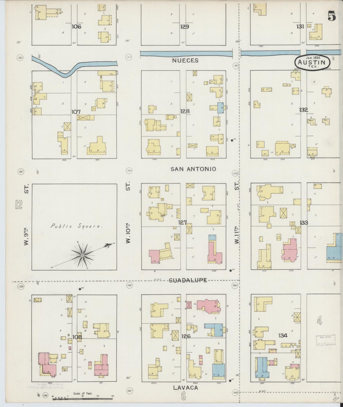 Sanborn Fire Insurance Map from Austin, Travis County, Texas (1894), Sheet #0005 - Historic Sanborn Fire Insurance Map Print, vintage old map wall art, antique decor, genealogy gift, Texas Texas map