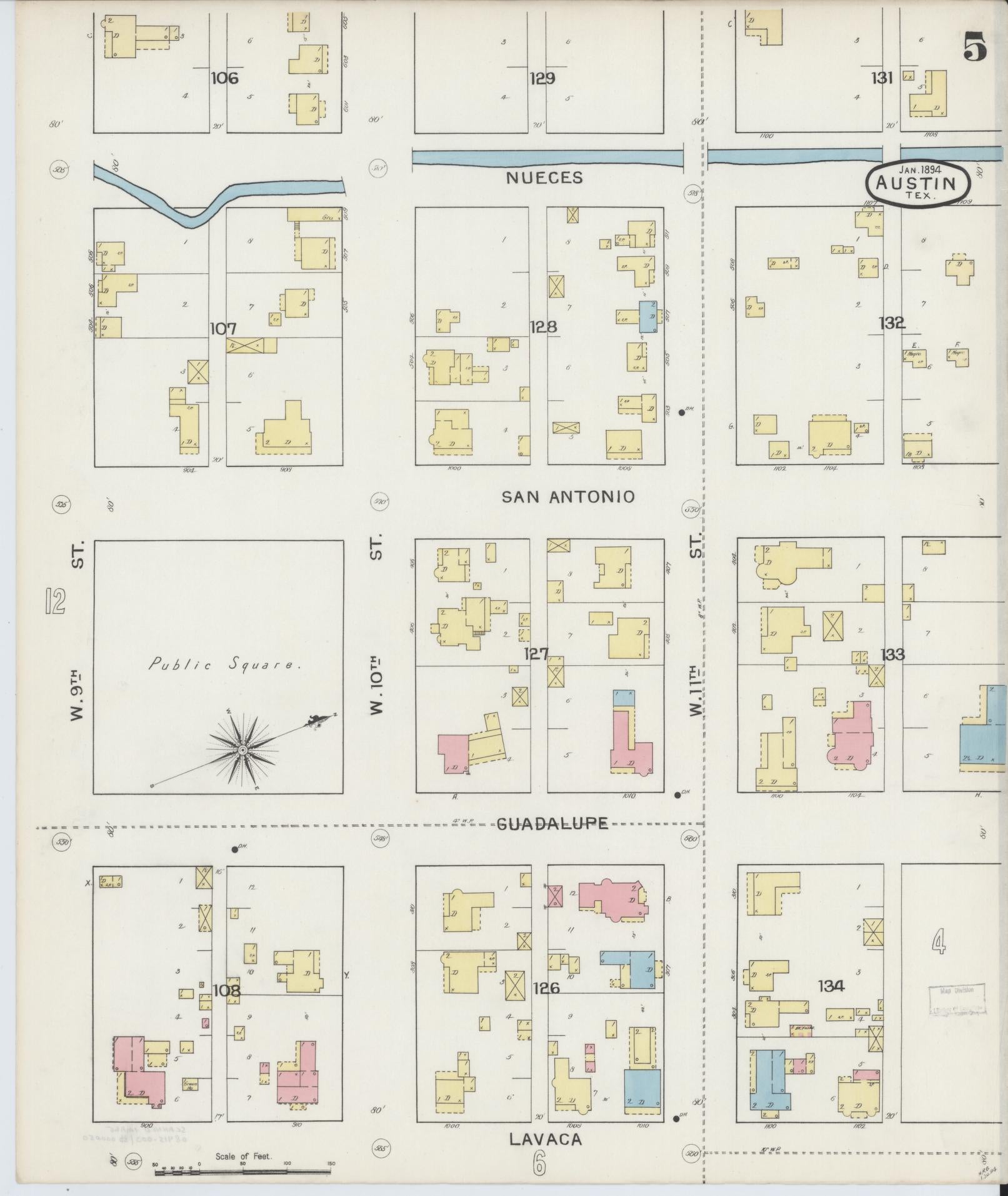 Sanborn Fire Insurance Map from Austin, Travis County, Texas (1894), Sheet #0005 - Historic Sanborn Fire Insurance Map Print, vintage old map wall art, antique decor, genealogy gift, Texas Texas map