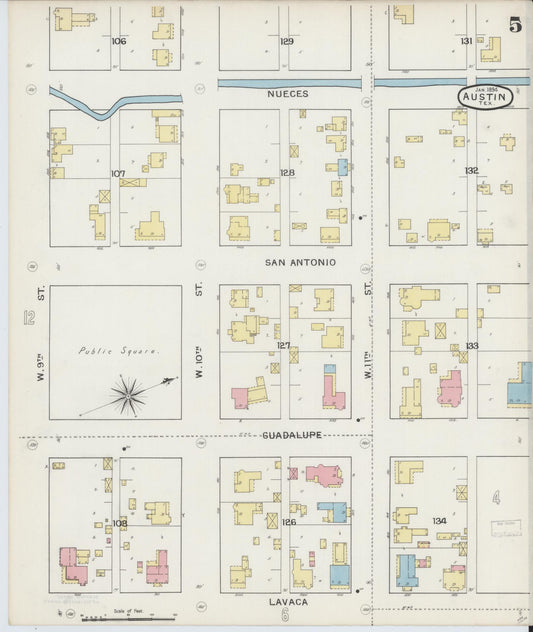 Sanborn Fire Insurance Map from Austin, Travis County, Texas (1894), Sheet #0005 - Historic Sanborn Fire Insurance Map Print, vintage old map wall art, antique decor, genealogy gift, Texas Texas map
