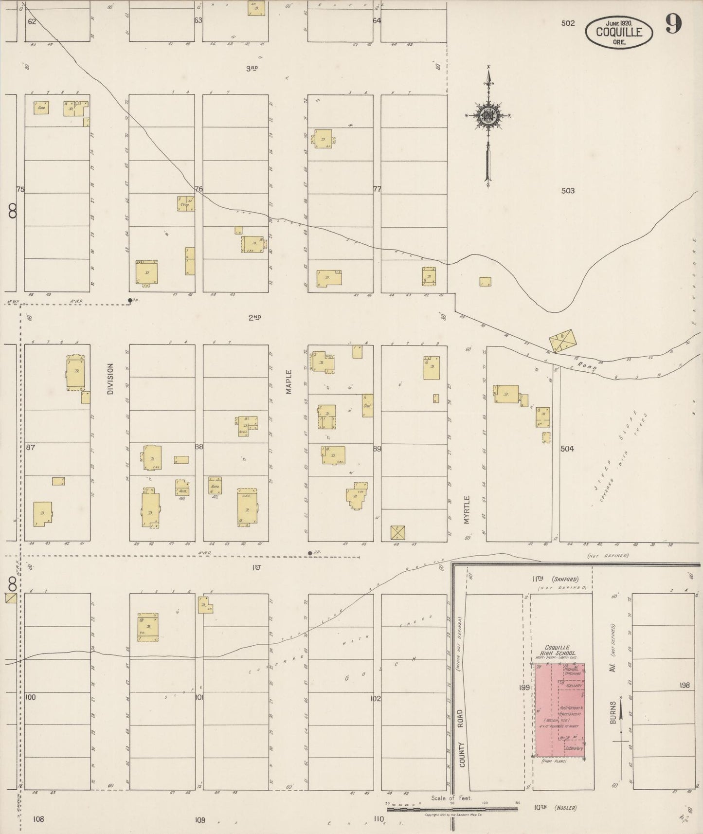 Sanborn Fire Insurance Map from Coquille, Coos County, Oregon (1920), Sheet #0009 - Complete Map Set gallery image, historic Sanborn map, vintage wall art, Oregon Oregon