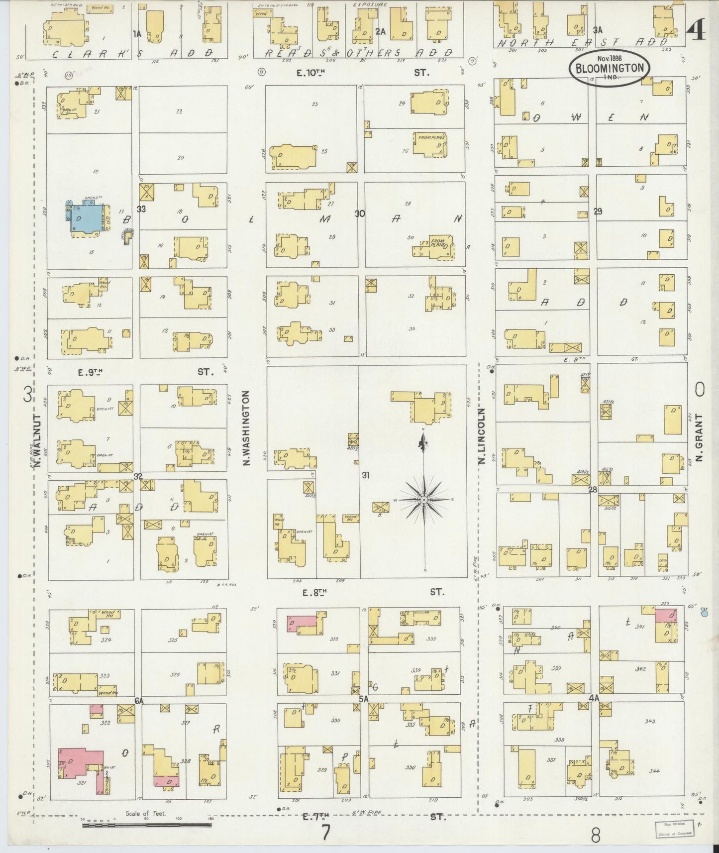 Sanborn Fire Insurance Map from Bloomington, Monroe County, Indiana (1898), Sheet #0004 - Complete Map Set gallery image, historic Sanborn map, vintage wall art, Indiana Indiana