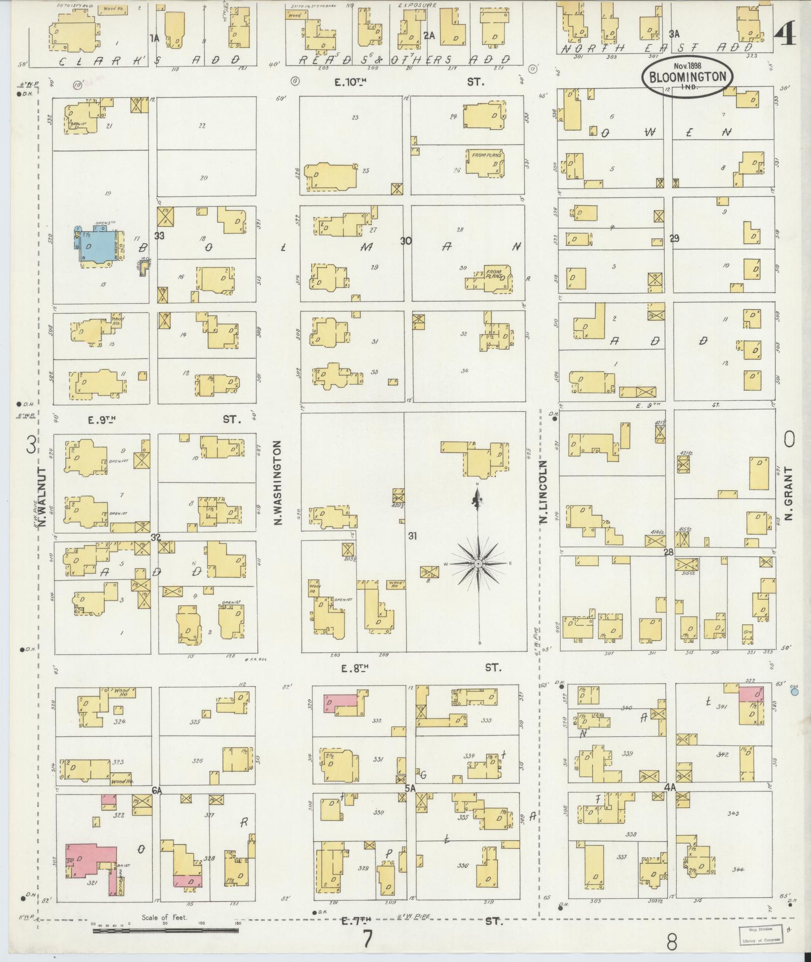 Sanborn Fire Insurance Map from Bloomington, Monroe County, Indiana (1898), Sheet #0004 - Complete Map Set gallery image, historic Sanborn map, vintage wall art, Indiana Indiana