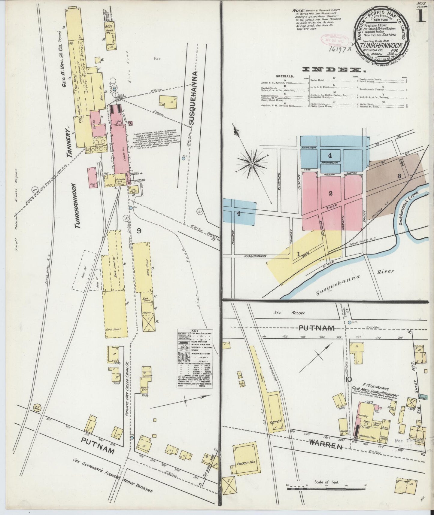 Sanborn Fire Insurance Map from Tunkhannock, Wyoming County, Pennsylvania (1892), Sheet #0001 - Historic Sanborn Fire Insurance Map Print, vintage old map wall art, antique decor, genealogy gift, Pennsylvania Pennsylvania map