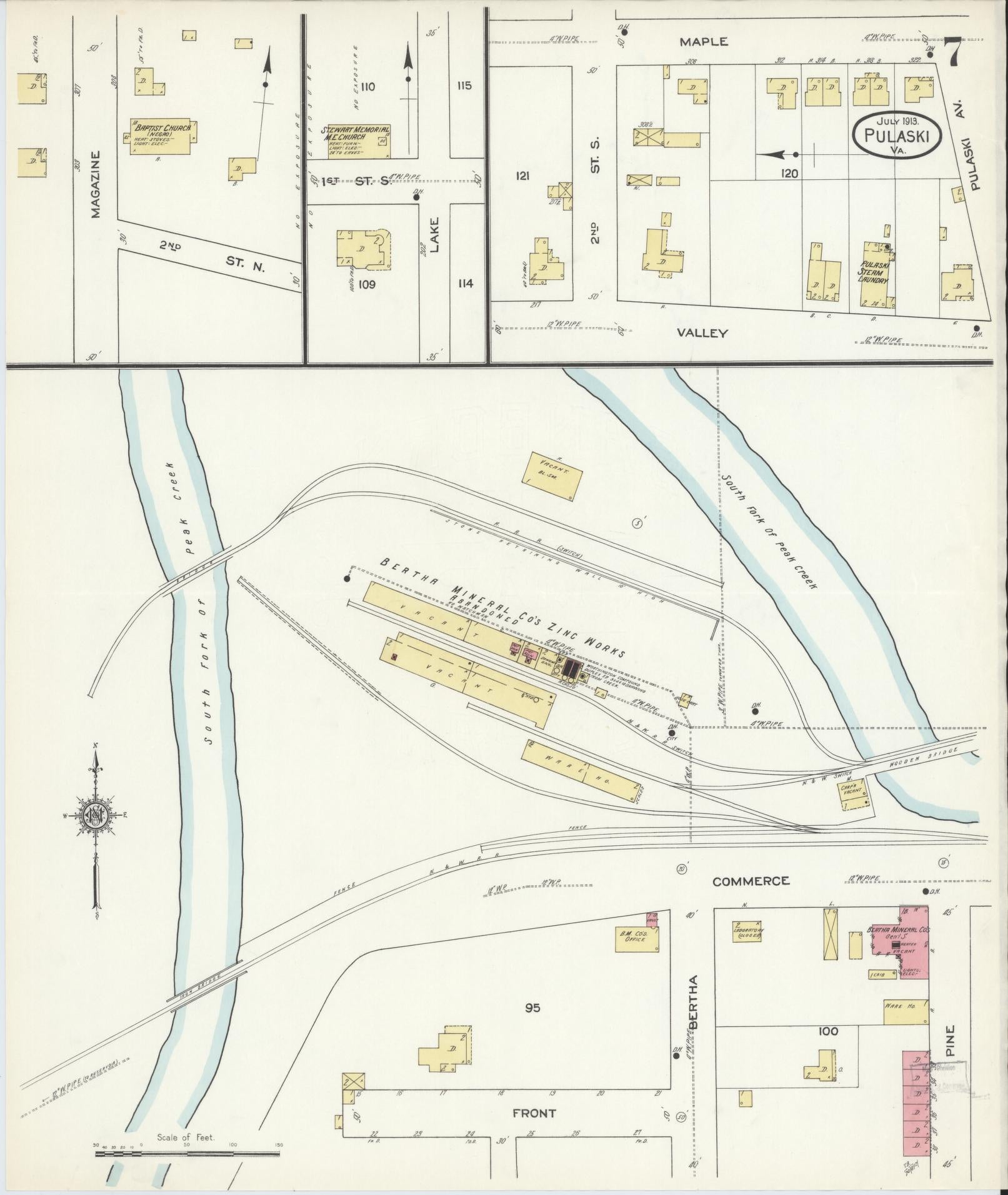 Sanborn Fire Insurance Map from Pulaski, Pulaski County, Virginia (1913), Sheet #0007 - Historic Sanborn Fire Insurance Map Print, vintage old map wall art, antique decor, genealogy gift, Virginia Virginia map