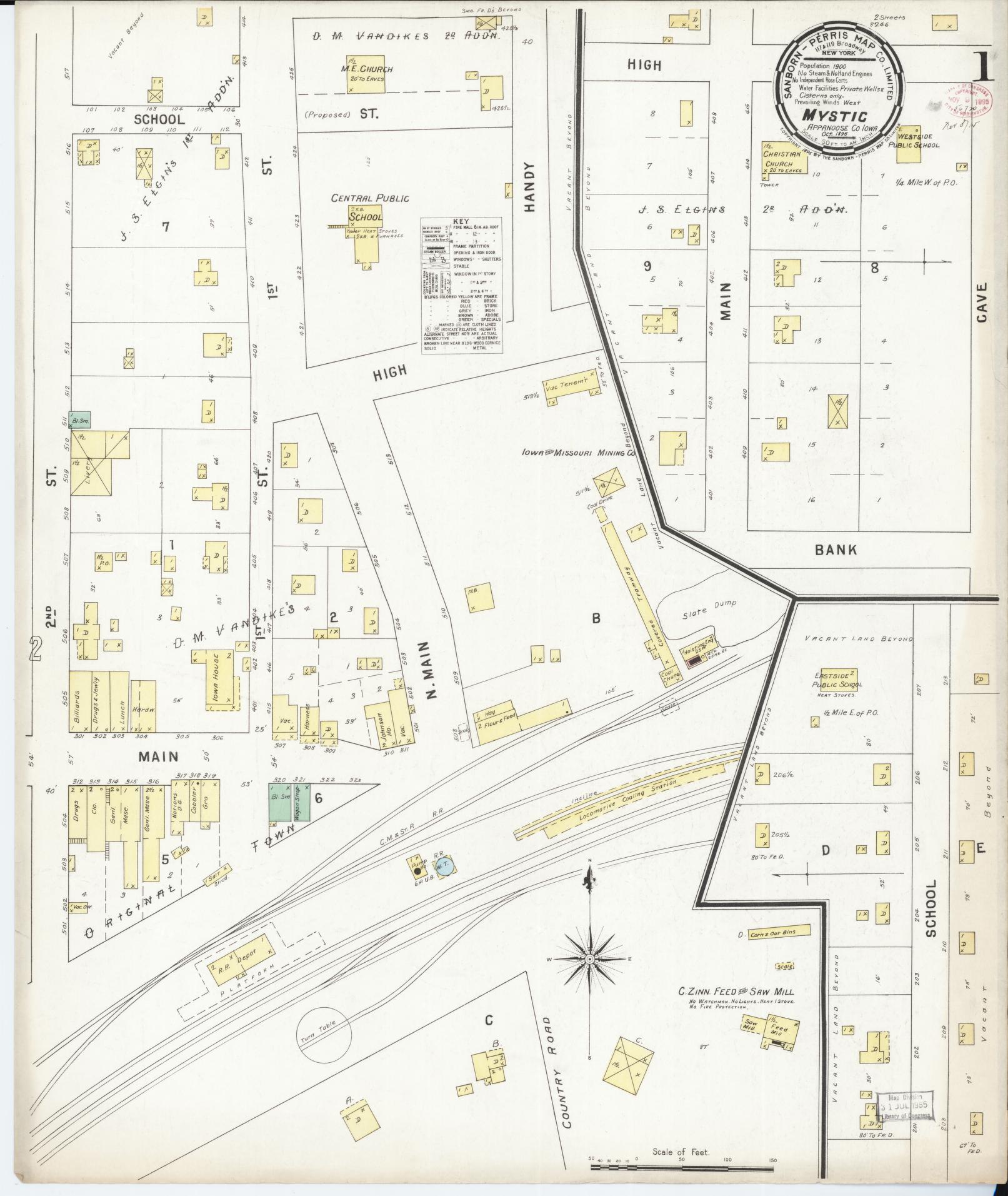 Sanborn Fire Insurance Map from Mystic, Appanoose County, Iowa (1895), Sheet #0001 - Historic Sanborn Fire Insurance Map Print, vintage old map wall art