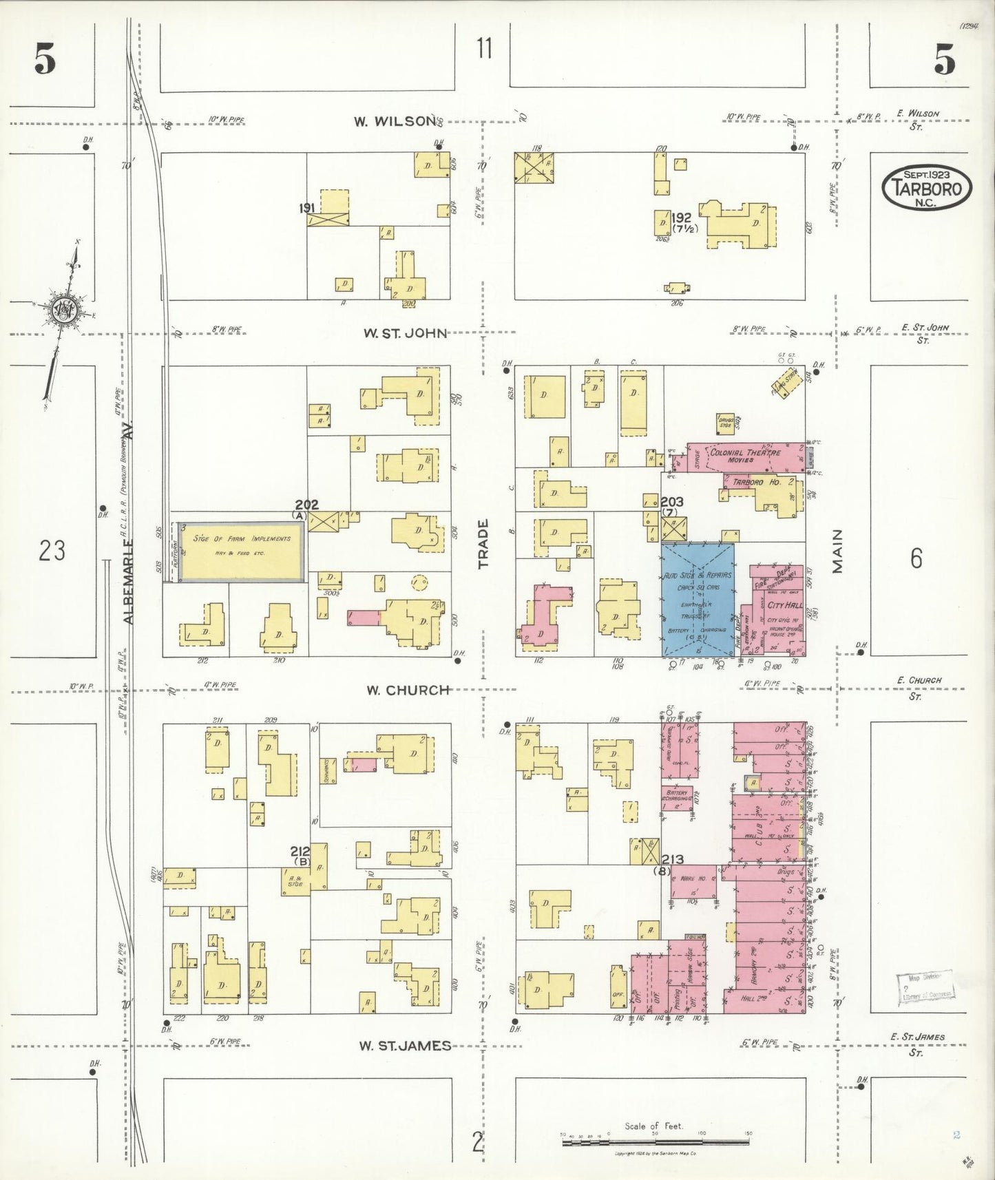 Sanborn Fire Insurance Map from Tarboro, Edgecombe County, North Carolina (1923), Sheet #0005 - Historic Sanborn Fire Insurance Map Print, vintage old map wall art, antique decor, genealogy gift, North Carolina North Carolina map