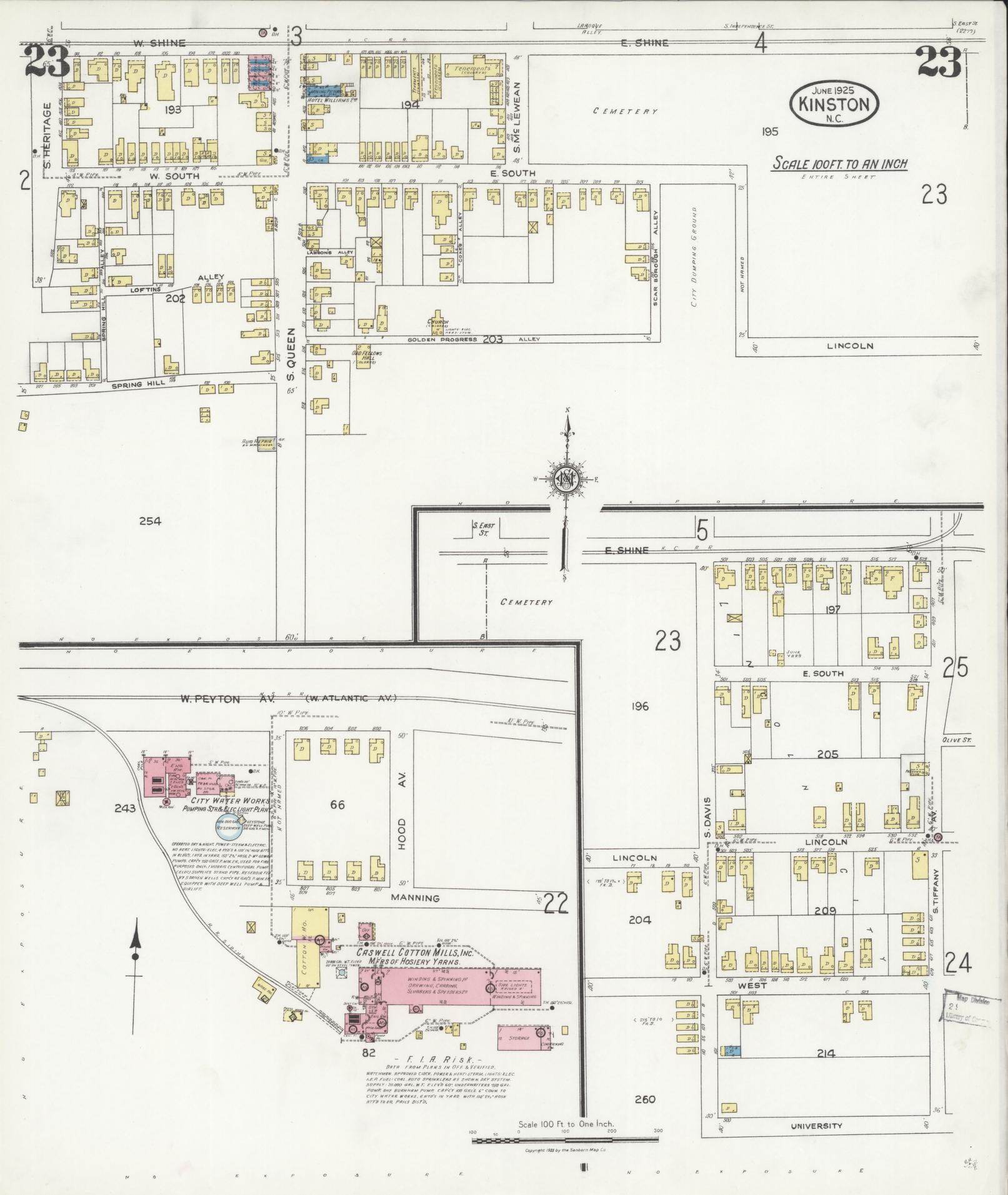 Sanborn Fire Insurance Map from Kinston, Lenoir County, North Carolina (1925), Sheet #0023 - Historic Sanborn Fire Insurance Map Print, vintage old map wall art, antique decor, genealogy gift, North Carolina North Carolina map