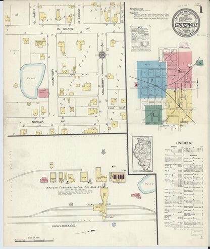 Sanborn Fire Insurance Map from Carterville, Williamson County, Illinois (1913), Sheet #0001 - Complete Map Set gallery image, historic Sanborn map, vintage wall art, Illinois Illinois