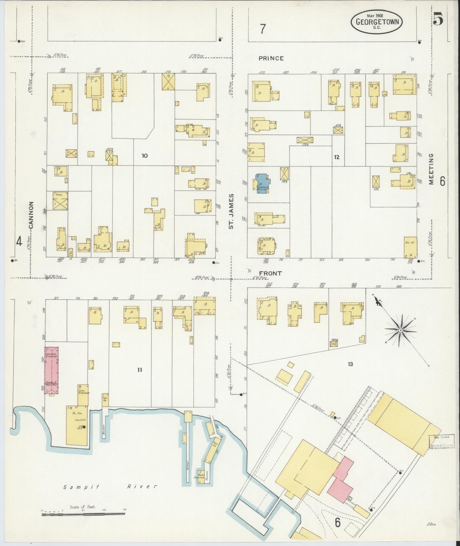 Sanborn Fire Insurance Map from Georgetown, Georgetown County, South Carolina (1908), Sheet #0005 - Complete Map Set gallery image, historic Sanborn map, vintage wall art, South Carolina South Carolina