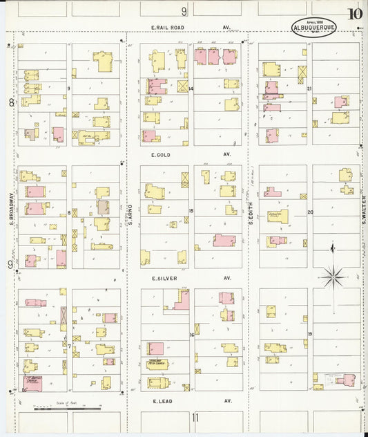 Sanborn Fire Insurance Map from Albuquerque, Bernalillo County, New Mexico (1898), Sheet #0010 - Historic Sanborn Fire Insurance Map Print, vintage old map wall art, antique decor, genealogy gift, New Mexico New Mexico map