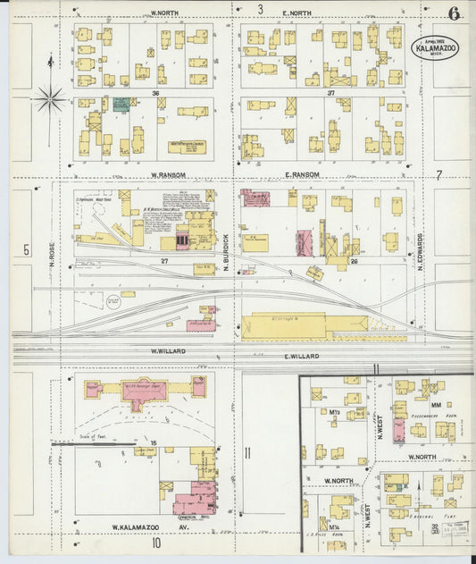Sanborn Fire Insurance Map from Kalamazoo, Kalamazoo County, Michigan (1902), Sheet #0006 - Historic Sanborn Fire Insurance Map Print, vintage old map wall art, antique decor, genealogy gift, Michigan Michigan map