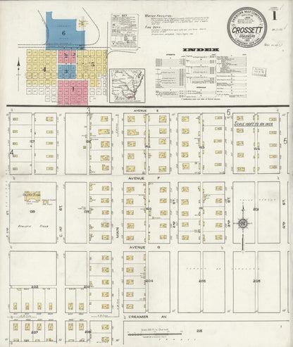 Sanborn Fire Insurance Map from Crossett, Ashley County, Arkansas (1921), Sheet #0001 - Complete Map Set gallery image, historic Sanborn map, vintage wall art, Arkansas Arkansas