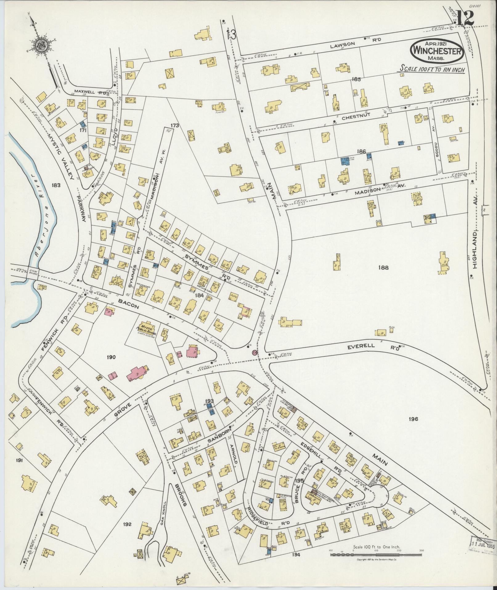 Sanborn Fire Insurance Map from Winchester, Middlesex County, Massachusetts (1921), Sheet #0012 - Complete Map Set gallery image, historic Sanborn map, vintage wall art, Massachusetts Massachusetts