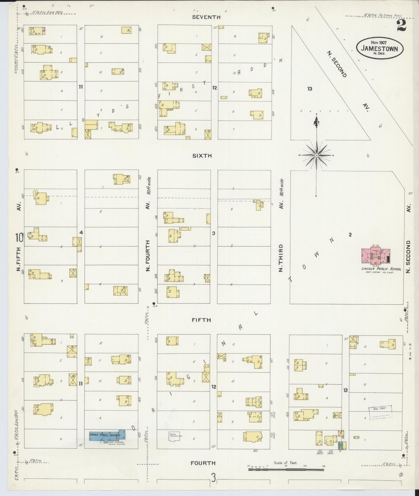 Sanborn Fire Insurance Map from Jamestown, Stutsman County, North Dakota (1907), Sheet #0002 - Historic Sanborn Fire Insurance Map Print, vintage old map wall art, antique decor, genealogy gift, North Dakota North Dakota map