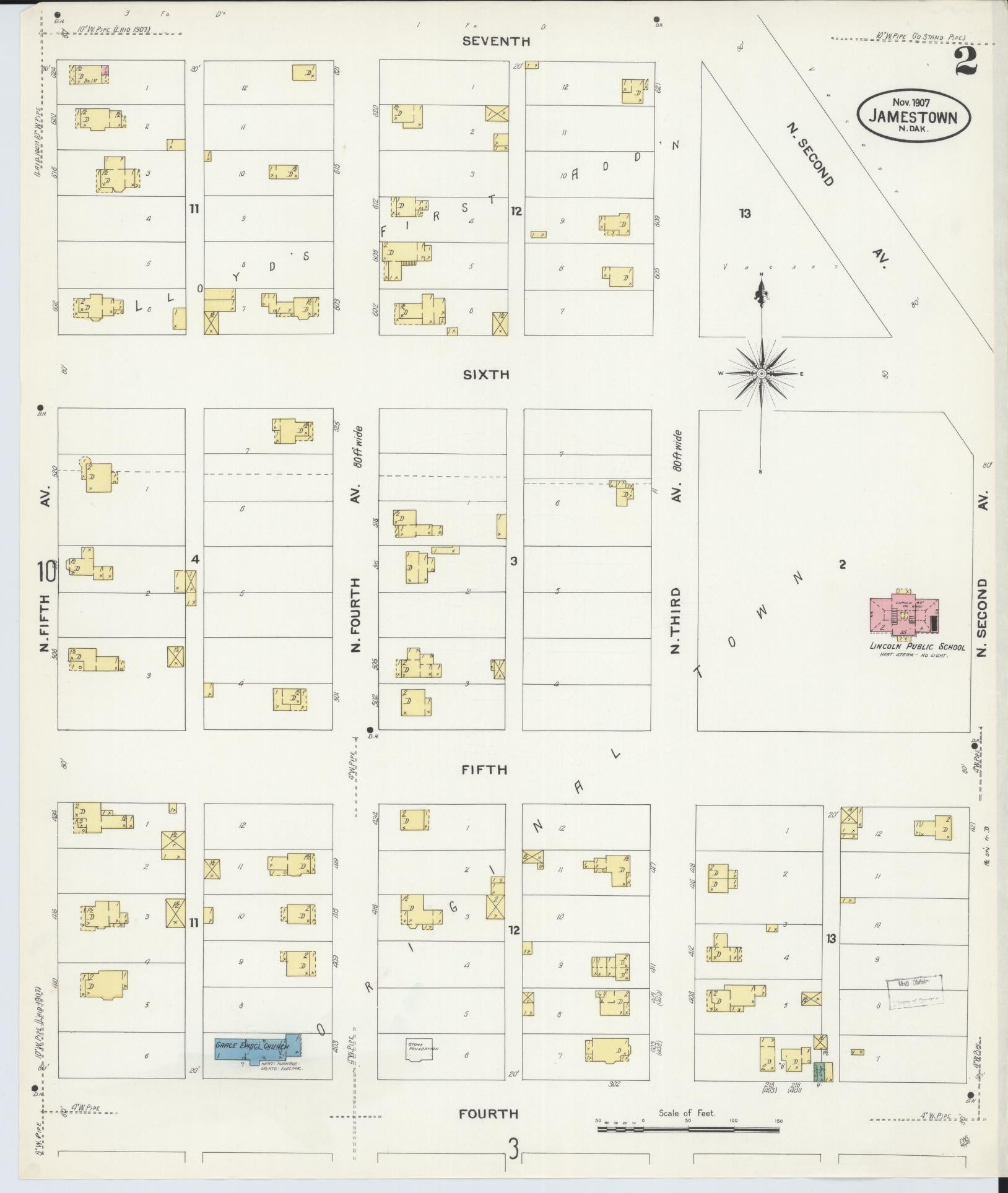 Sanborn Fire Insurance Map from Jamestown, Stutsman County, North Dakota (1907), Sheet #0002 - Historic Sanborn Fire Insurance Map Print, vintage old map wall art, antique decor, genealogy gift, North Dakota North Dakota map