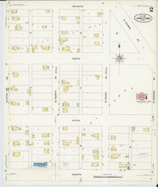 Sanborn Fire Insurance Map from Jamestown, Stutsman County, North Dakota (1907), Sheet #0002 - Historic Sanborn Fire Insurance Map Print, vintage old map wall art, antique decor, genealogy gift, North Dakota North Dakota map