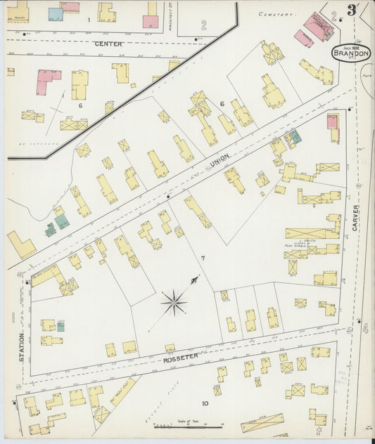 Sanborn Fire Insurance Map from Brandon, Rutland County, Vermont (1892), Sheet #0003 - Historic Sanborn Fire Insurance Map Print, vintage old map wall art, antique decor, genealogy gift, Vermont Vermont map