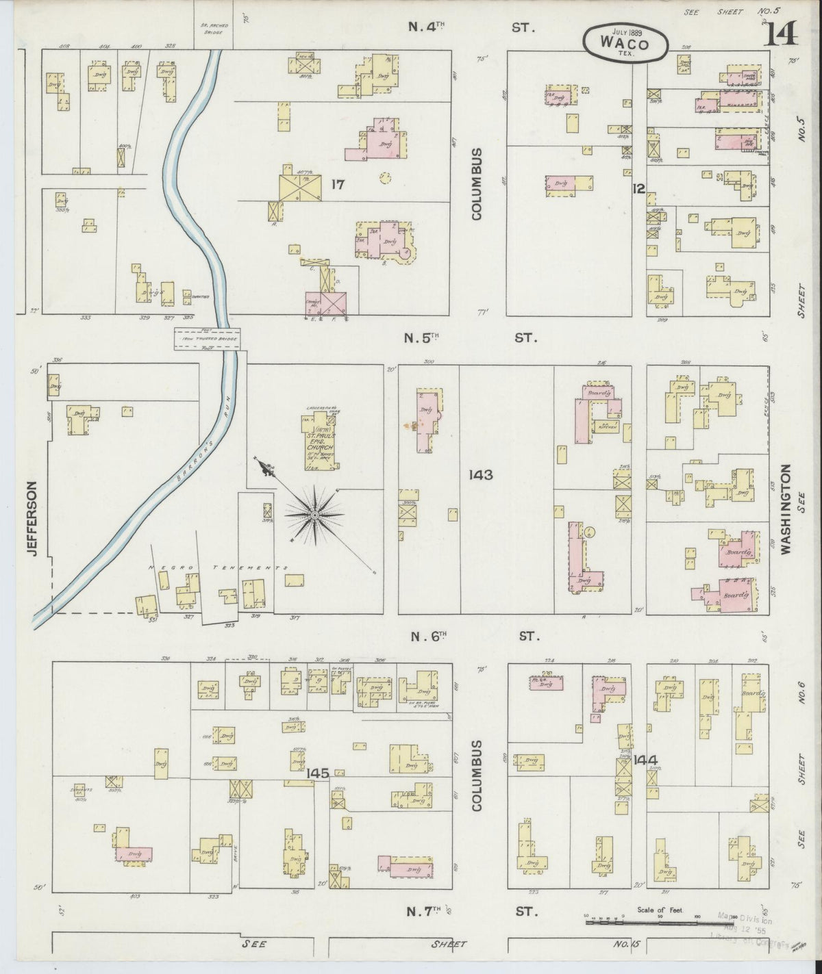 Sanborn Fire Insurance Map from Waco, McLennan County, Texas (1889), Sheet #0014 - Historic Sanborn Fire Insurance Map Print, vintage old map wall art, antique decor, genealogy gift, Texas Texas map