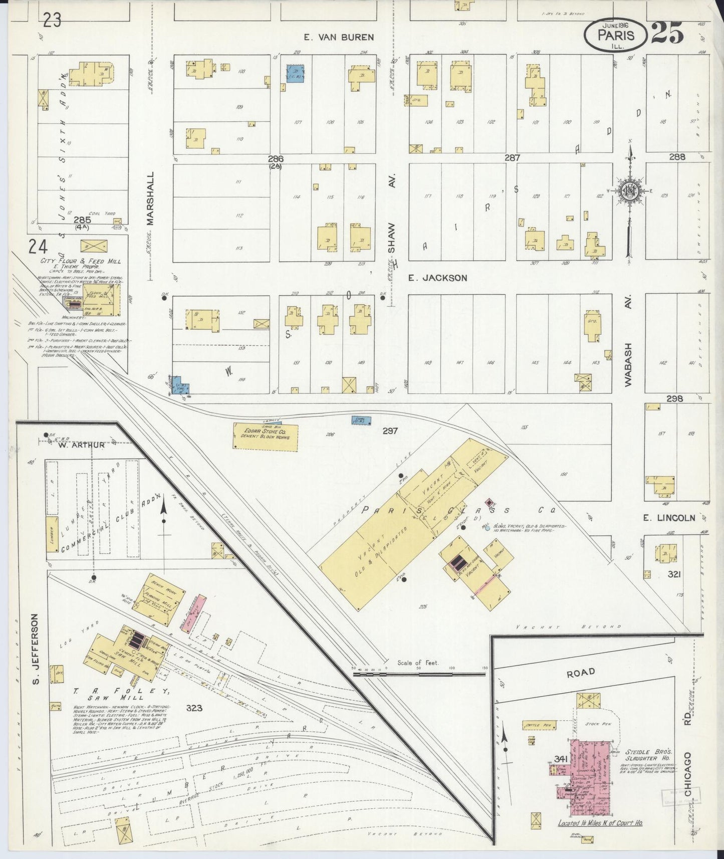 Sanborn Fire Insurance Map from Paris, Edgar County, Illinois (1916), Sheet #0025 - Historic Sanborn Fire Insurance Map Print, vintage old map wall art, antique decor, genealogy gift, Illinois Illinois map