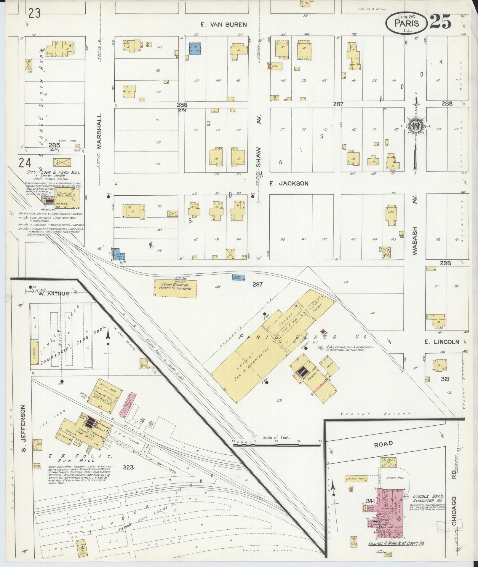 Sanborn Fire Insurance Map from Paris, Edgar County, Illinois (1916), Sheet #0025 - Historic Sanborn Fire Insurance Map Print, vintage old map wall art, antique decor, genealogy gift, Illinois Illinois map
