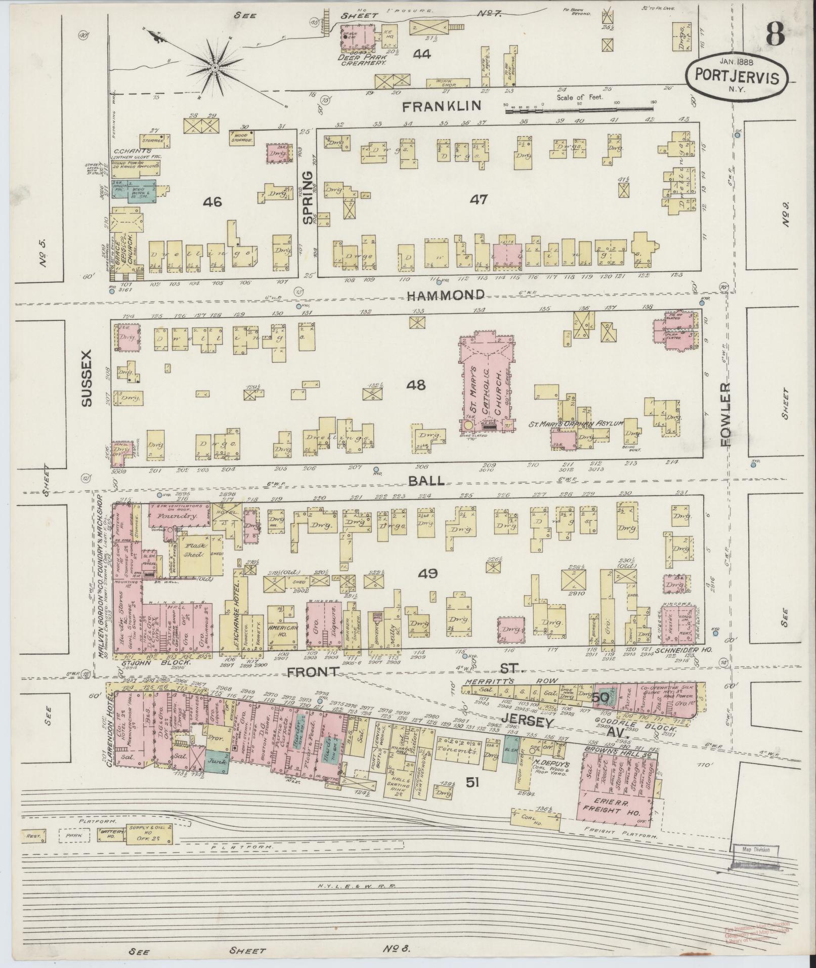 Sanborn Fire Insurance Map from Port Jervis, Orange County, New York (1888), Sheet #0008 - Historic Sanborn Fire Insurance Map Print, vintage old map wall art, antique decor, genealogy gift, New York New York map