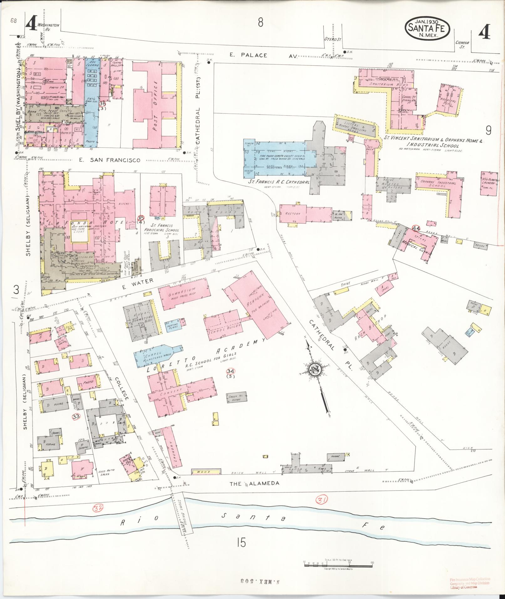 Sanborn Fire Insurance Map from Santa Fe, Santa Fe County, New Mexico (1948), Sheet #0004 - Historic Sanborn Fire Insurance Map Print, vintage old map wall art, antique decor, genealogy gift, New Mexico New Mexico map