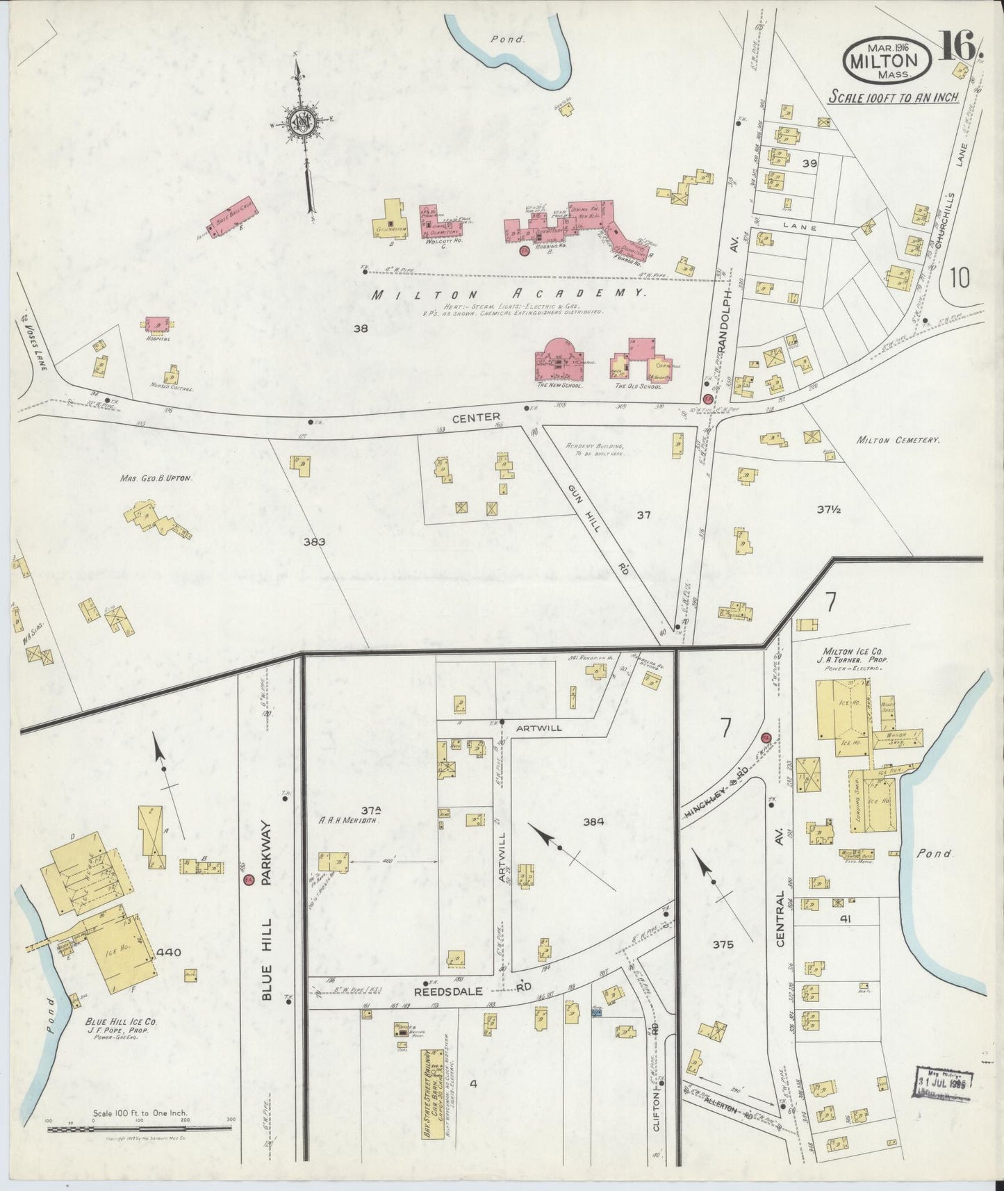 Sanborn Fire Insurance Map from Milton, Norfolk County, Massachusetts (1917), Sheet #0016 - Historic Sanborn Fire Insurance Map Print, vintage old map wall art, antique decor, genealogy gift, Massachusetts Massachusetts map