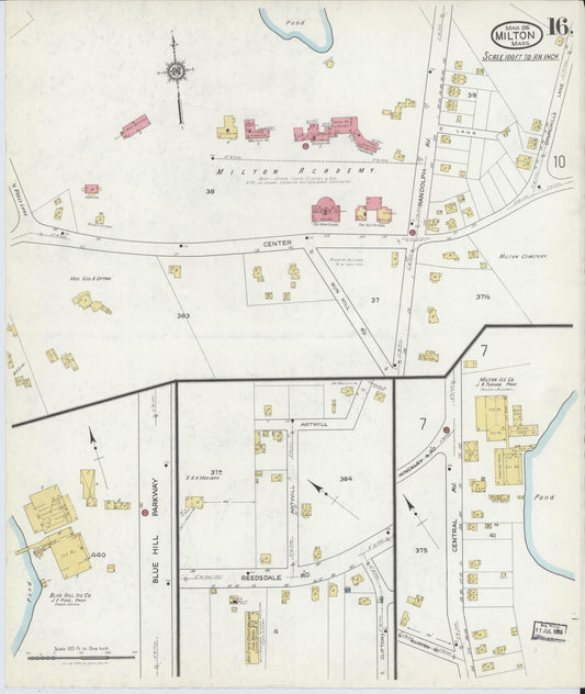 Sanborn Fire Insurance Map from Milton, Norfolk County, Massachusetts (1917), Sheet #0016 - Historic Sanborn Fire Insurance Map Print, vintage old map wall art, antique decor, genealogy gift, Massachusetts Massachusetts map