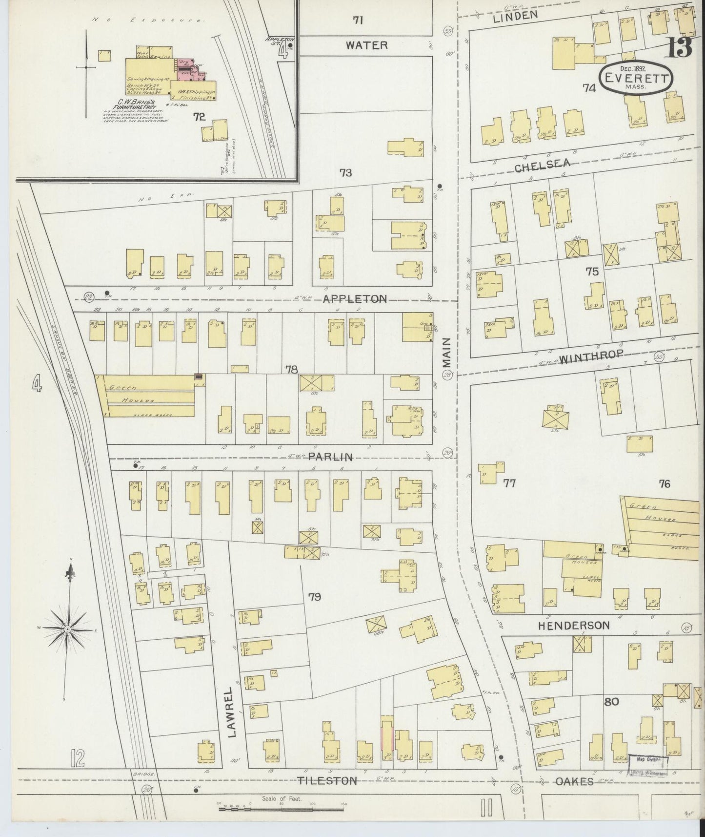 Sanborn Fire Insurance Map from Everett, Middlesex County, Massachusetts (1892), Sheet #0013 - Historic Sanborn Fire Insurance Map Print, vintage old map wall art, antique decor, genealogy gift, Massachusetts Massachusetts map