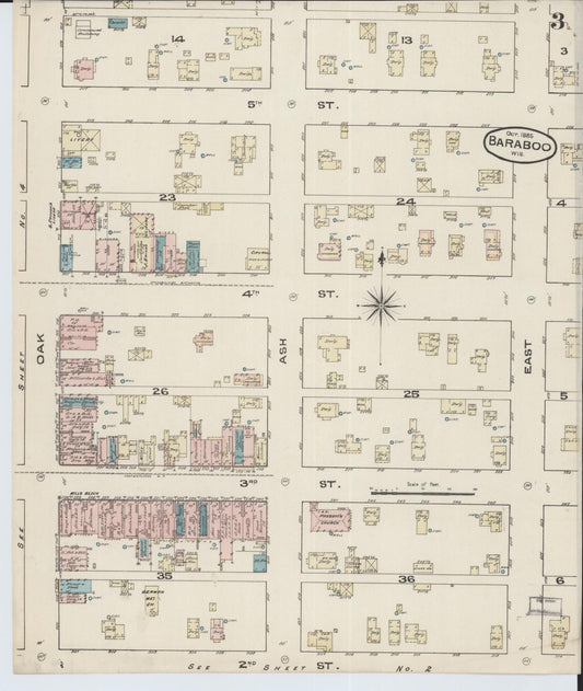 Sanborn Fire Insurance Map from Baraboo, Sauk County, Wisconsin (1885), Sheet #0003 - Historic Sanborn Fire Insurance Map Print, vintage old map wall art, antique decor, genealogy gift, Wisconsin Wisconsin map