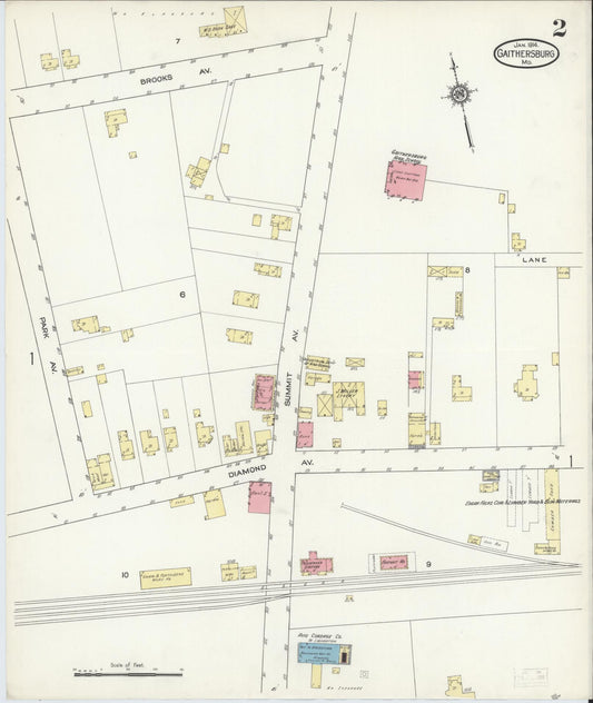 Sanborn Fire Insurance Map from Gaithersburg, Montgomery County, Maryland (1914), Sheet #0002 - Historic Sanborn Fire Insurance Map Print, vintage old map wall art