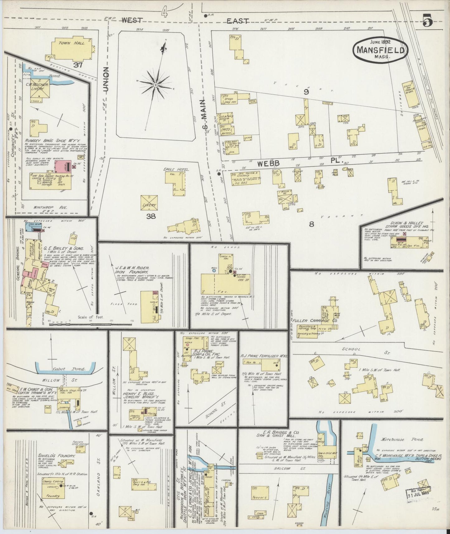 Sanborn Fire Insurance Map from Mansfield, Bristol County, Massachusetts (1892), Sheet #0005 - Historic Sanborn Fire Insurance Map Print, vintage old map wall art, antique decor, genealogy gift, Massachusetts Massachusetts map