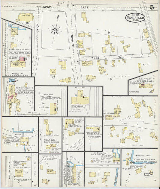 Sanborn Fire Insurance Map from Mansfield, Bristol County, Massachusetts (1892), Sheet #0005 - Historic Sanborn Fire Insurance Map Print, vintage old map wall art, antique decor, genealogy gift, Massachusetts Massachusetts map