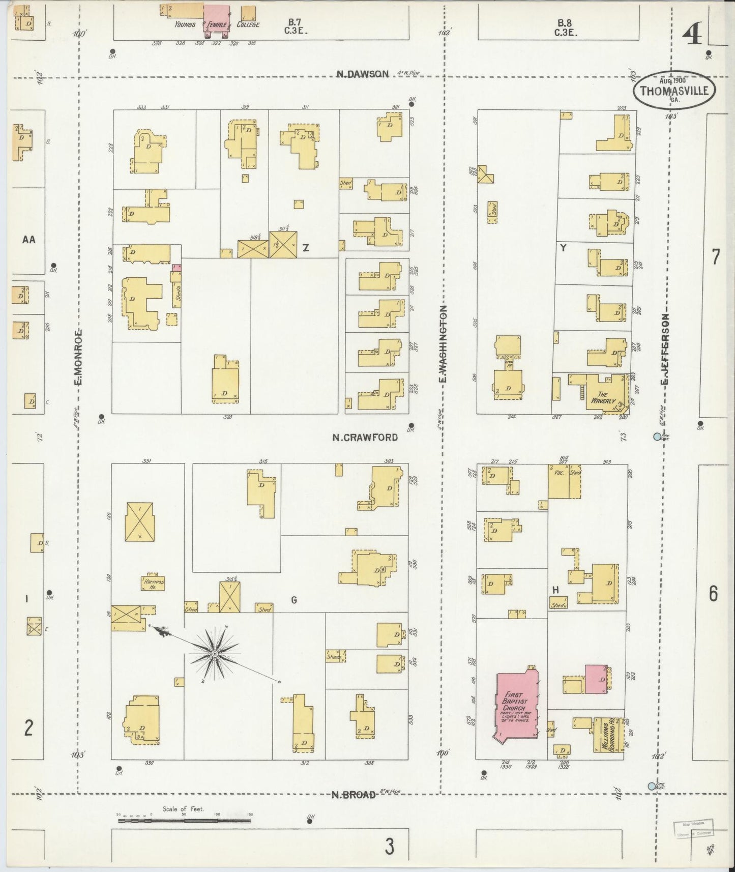 Sanborn Fire Insurance Map from Thomasville, Thomas County, Georgia (1900), Sheet #0004 - Complete Map Set gallery image, historic Sanborn map, vintage wall art, Georgia Georgia