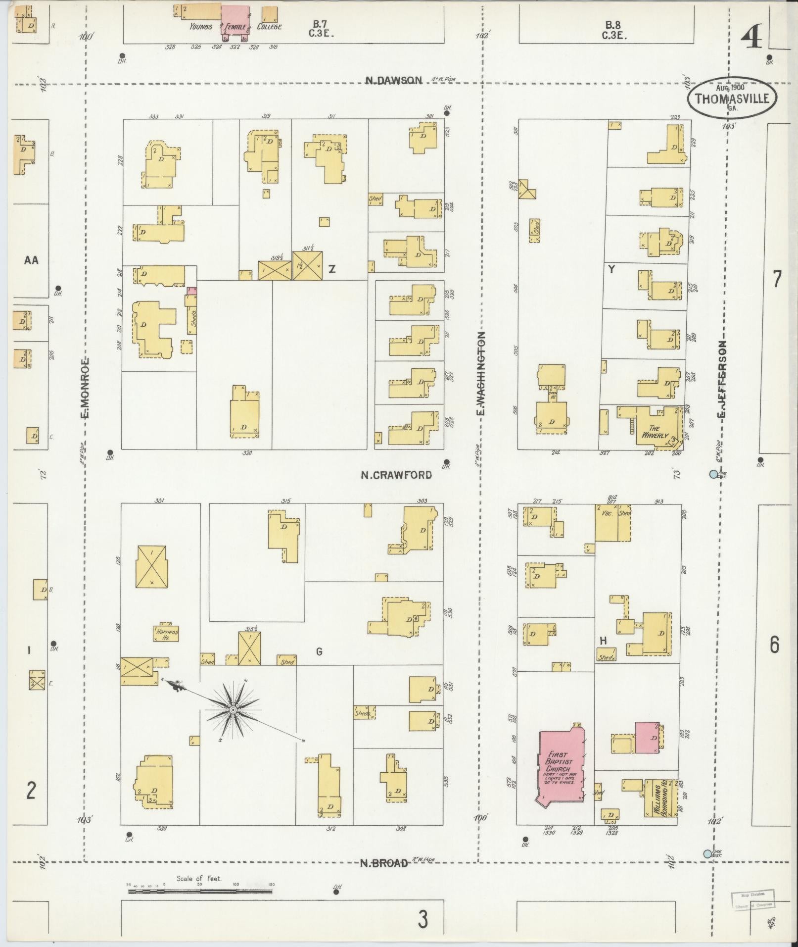 Sanborn Fire Insurance Map from Thomasville, Thomas County, Georgia (1900), Sheet #0004 - Complete Map Set gallery image, historic Sanborn map, vintage wall art, Georgia Georgia