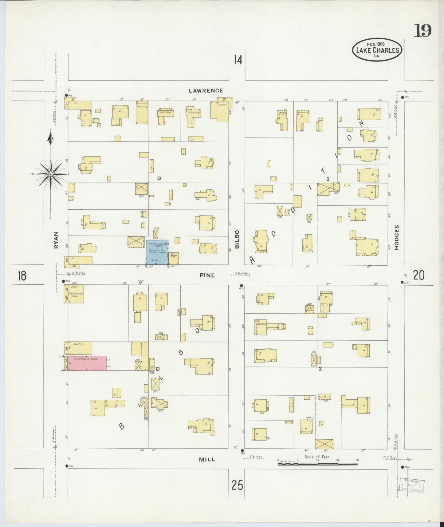 Sanborn Fire Insurance Map from Lake Charles, Calcasieu Parish, Louisiana (1909), Sheet #0019 - Historic Sanborn Fire Insurance Map Print, vintage old map wall art, antique decor, genealogy gift, Louisiana Louisiana map