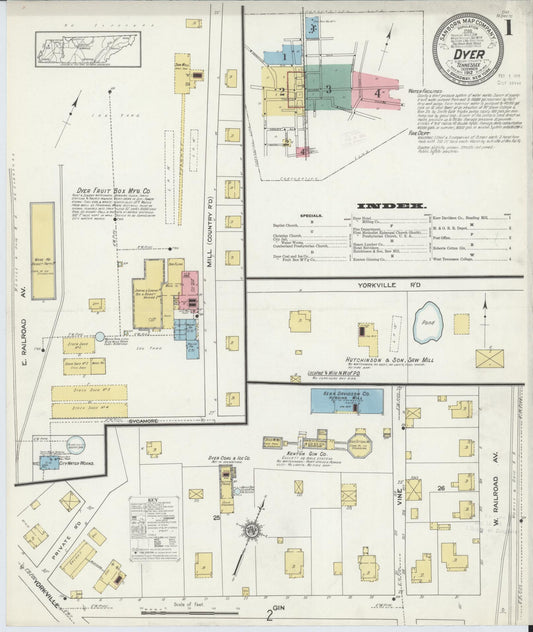 Sanborn Fire Insurance Map from Dyer, Gibson County, Tennessee (1912), Sheet #0001 - Historic Sanborn Fire Insurance Map Print, vintage old map wall art, antique decor, genealogy gift, Tennessee Tennessee map