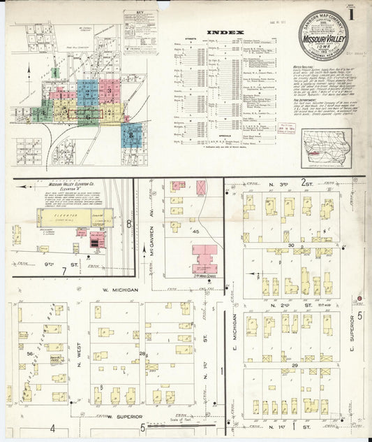 Sanborn Fire Insurance Map from Missouri Valley, Harrison County, Iowa (1913), Sheet #0001 - Historic Sanborn Fire Insurance Map Print, vintage old map wall art