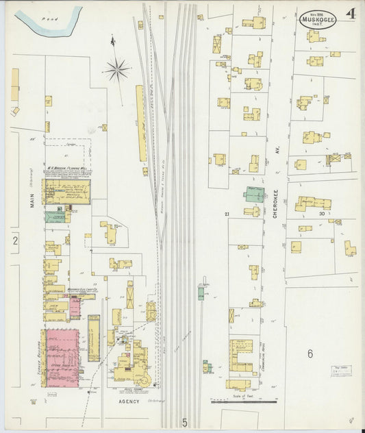 Sanborn Fire Insurance Map from Muskogee, Muskogee County, Oklahoma (1898), Sheet #0004 - Historic Sanborn Fire Insurance Map Print, vintage old map wall art, antique decor, genealogy gift, Oklahoma Oklahoma map