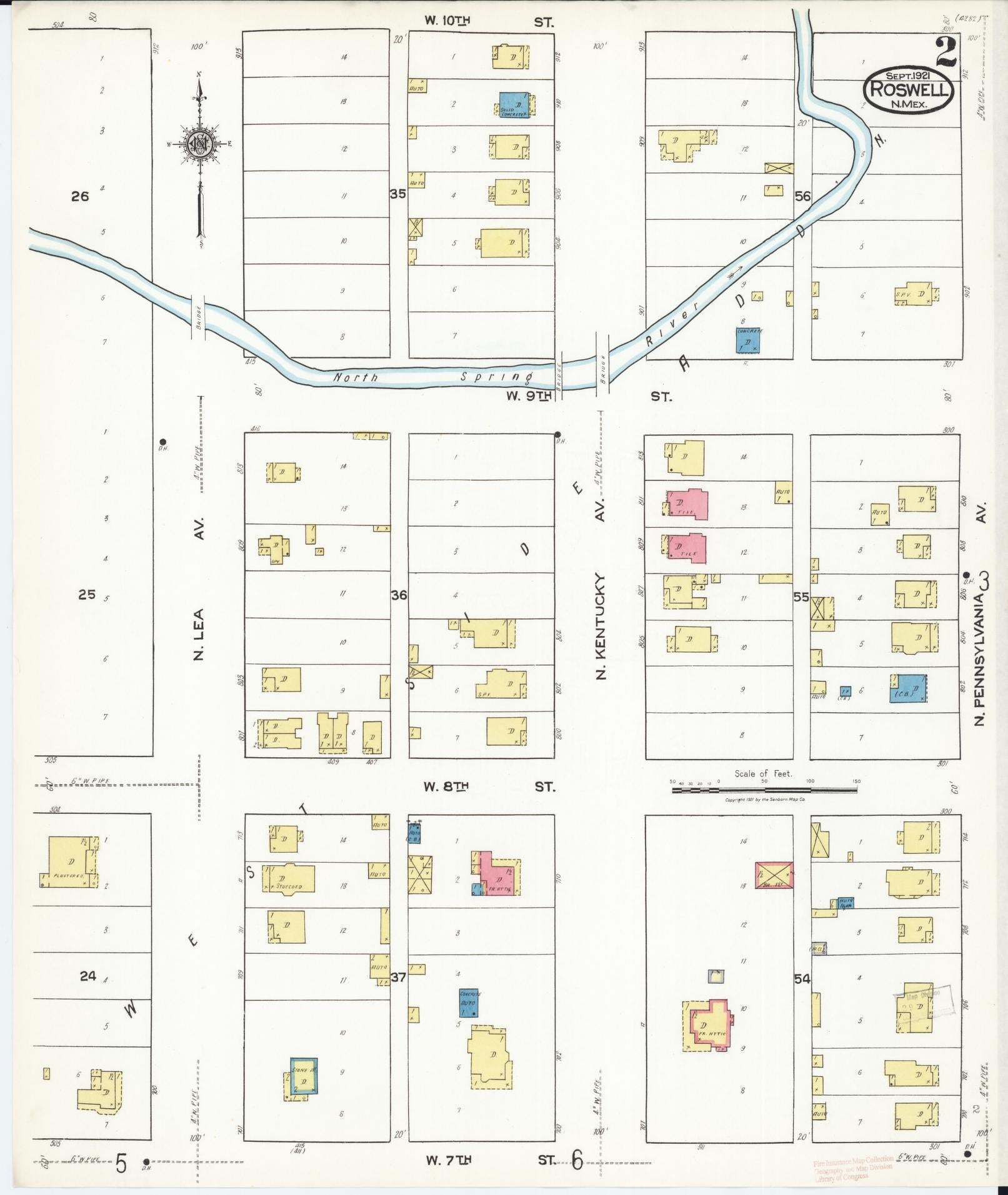 Sanborn Fire Insurance Map from Roswell, Chaves County, New Mexico (1921), Sheet #0002 - Historic Sanborn Fire Insurance Map Print, vintage old map wall art, antique decor, genealogy gift, New Mexico New Mexico map