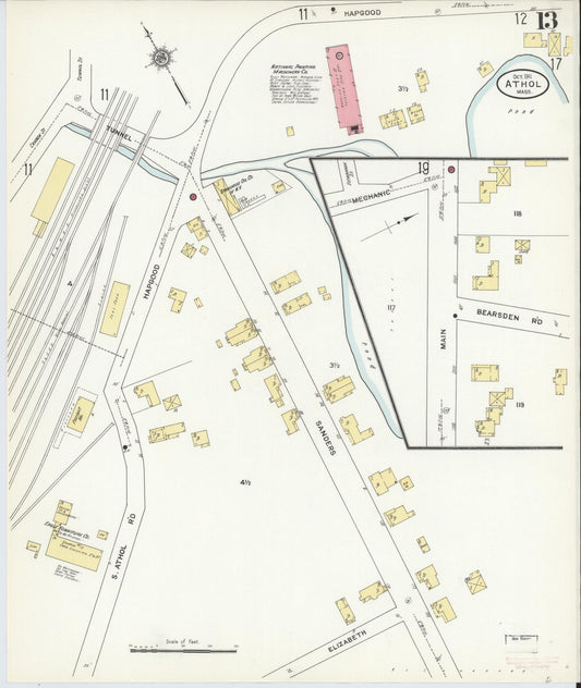 Sanborn Fire Insurance Map from Athol, Worcester County, Massachusetts (1911), Sheet #0013 - Historic Sanborn Fire Insurance Map Print, vintage old map wall art, antique decor, genealogy gift, Massachusetts Massachusetts map