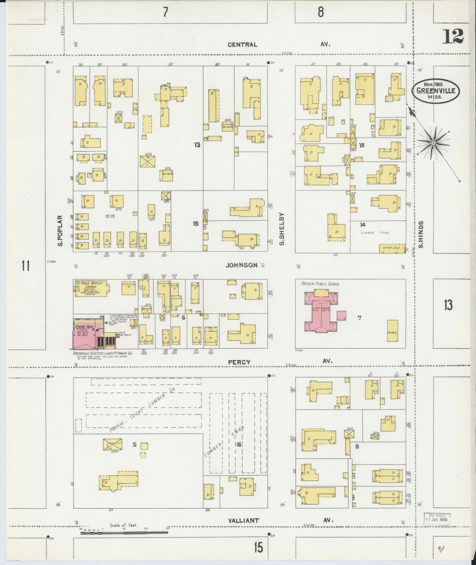 Sanborn Fire Insurance Map from Greenville, Washington County, Mississippi (1905), Sheet #0012 - Historic Sanborn Fire Insurance Map Print, vintage old map wall art, antique decor, genealogy gift, Mississippi Mississippi map