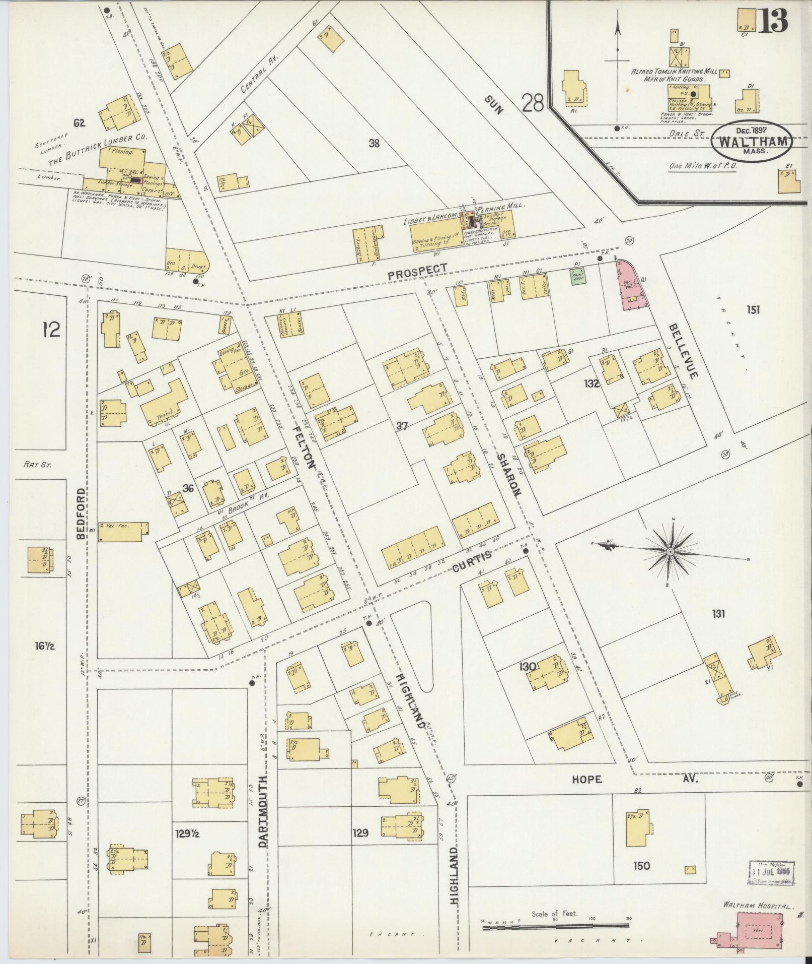 Sanborn Fire Insurance Map from Waltham, Middlesex County, Massachusetts (1897), Sheet #0013 - Complete Map Set gallery image, historic Sanborn map, vintage wall art, Massachusetts Massachusetts