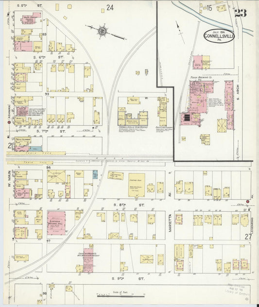 Sanborn Fire Insurance Map from Connellsville, Fayette County, Pennsylvania (1914), Sheet #0023 - Historic Sanborn Fire Insurance Map Print, vintage old map wall art, antique decor, genealogy gift, Pennsylvania Pennsylvania map