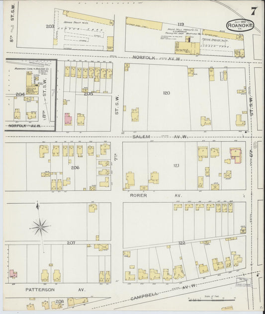 Sanborn Fire Insurance Map from Roanoke, Independent Cities, Virginia (1893), Sheet #0007 - Historic Sanborn Fire Insurance Map Print, vintage old map wall art, antique decor, genealogy gift, Virginia Virginia map